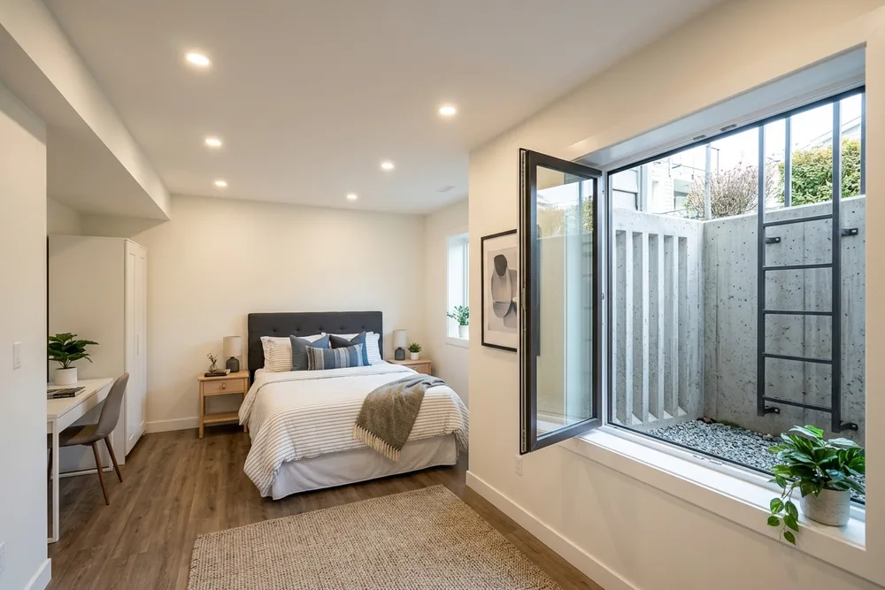Finished basement bedroom with code-compliant egress window and 2.1 m ceiling