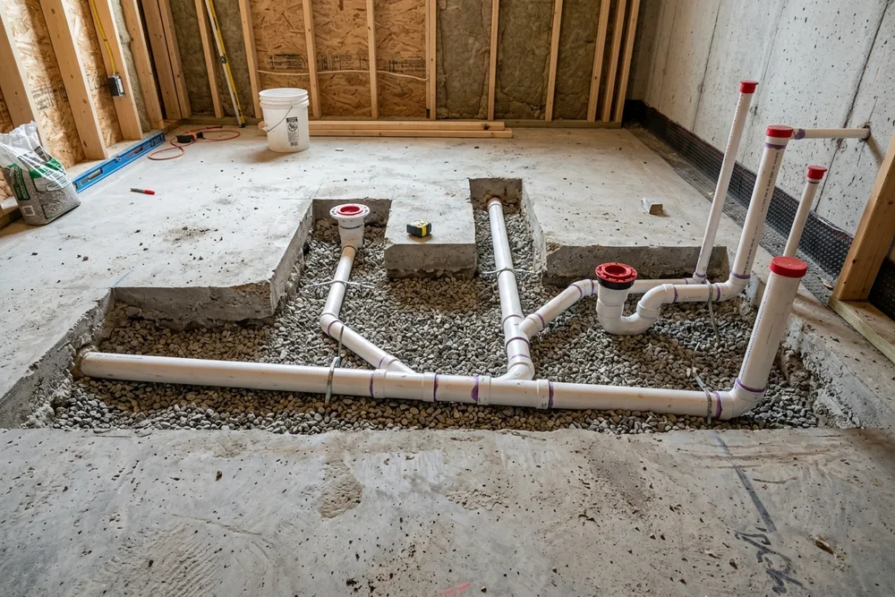 Sub-slab plumbing trench for basement bathroom rough-in