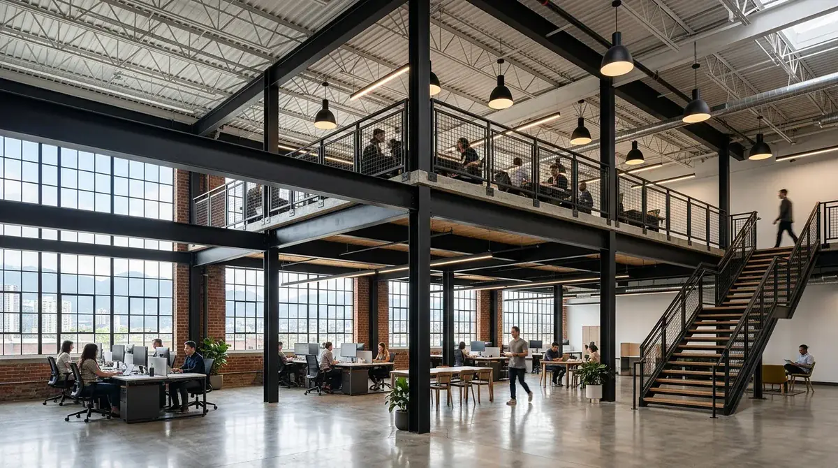 Commercial steel mezzanine framework and safety guardrails