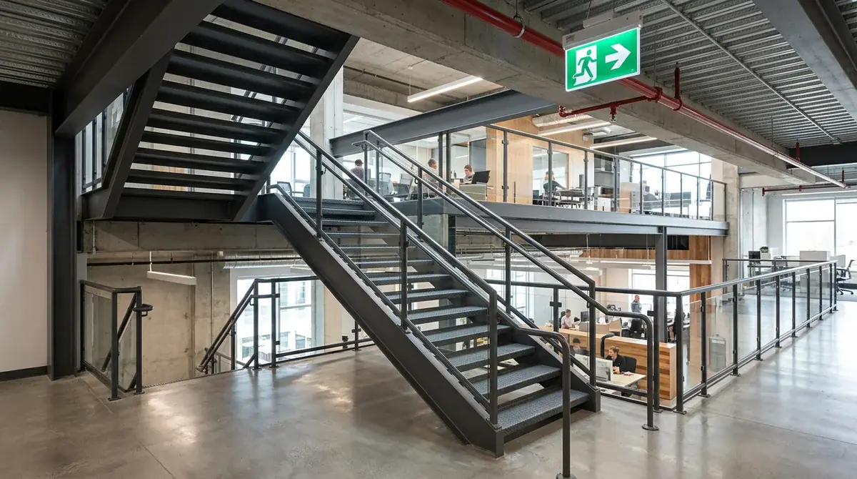 Commercial mezzanine steel stringer egress stairs and handrails