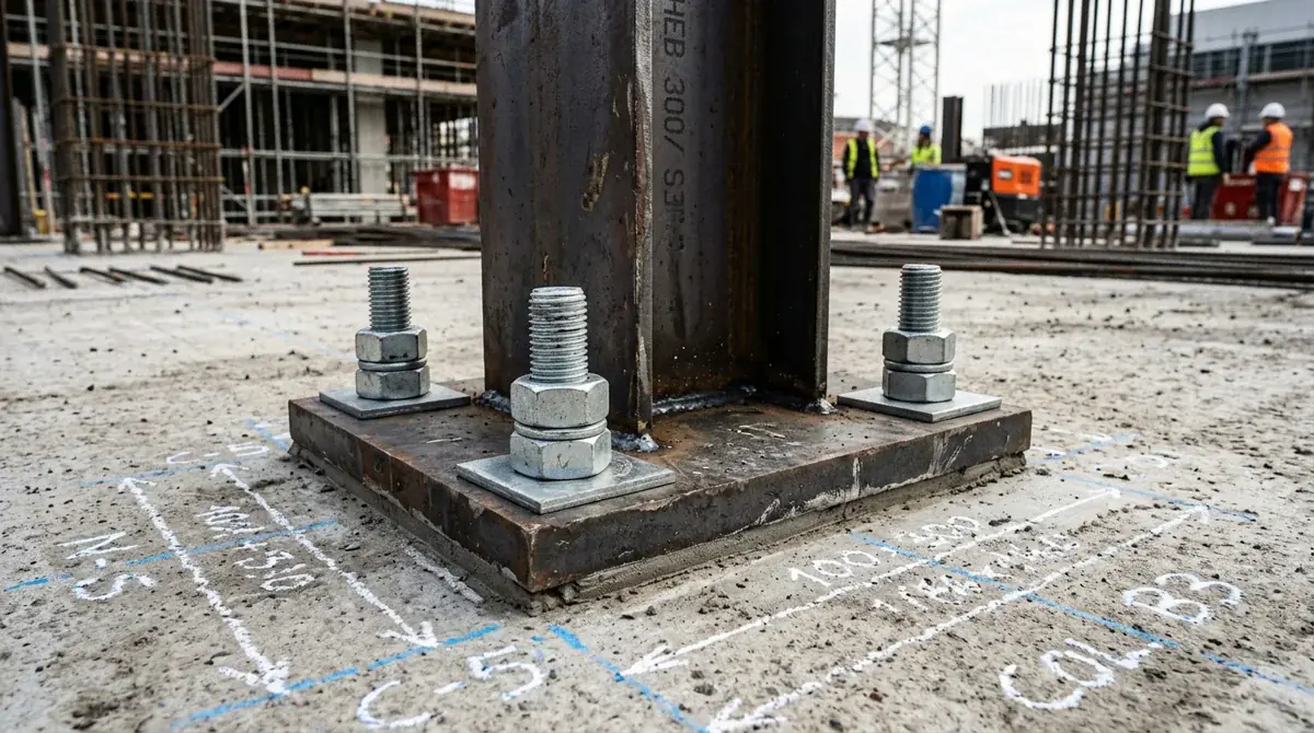 Structural steel column baseplate and anchor bolt detail