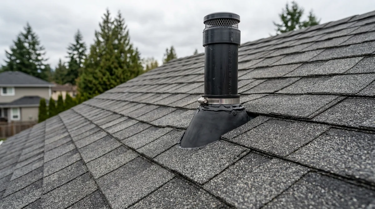 ABS plumbing vent stack roof penetration and weatherproof boot flashing