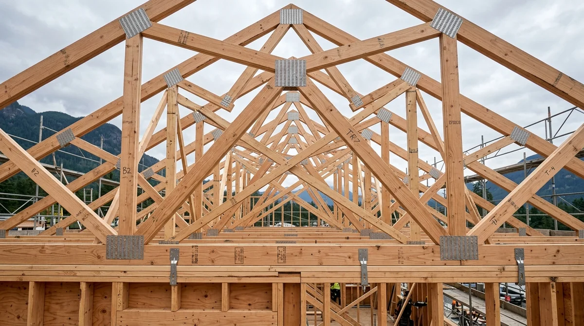 Engineered wood roof trusses on active BC residential construction site