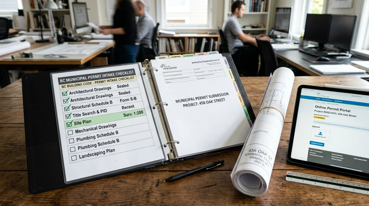 Organized municipal permit application submission binder with checklist and blueprints