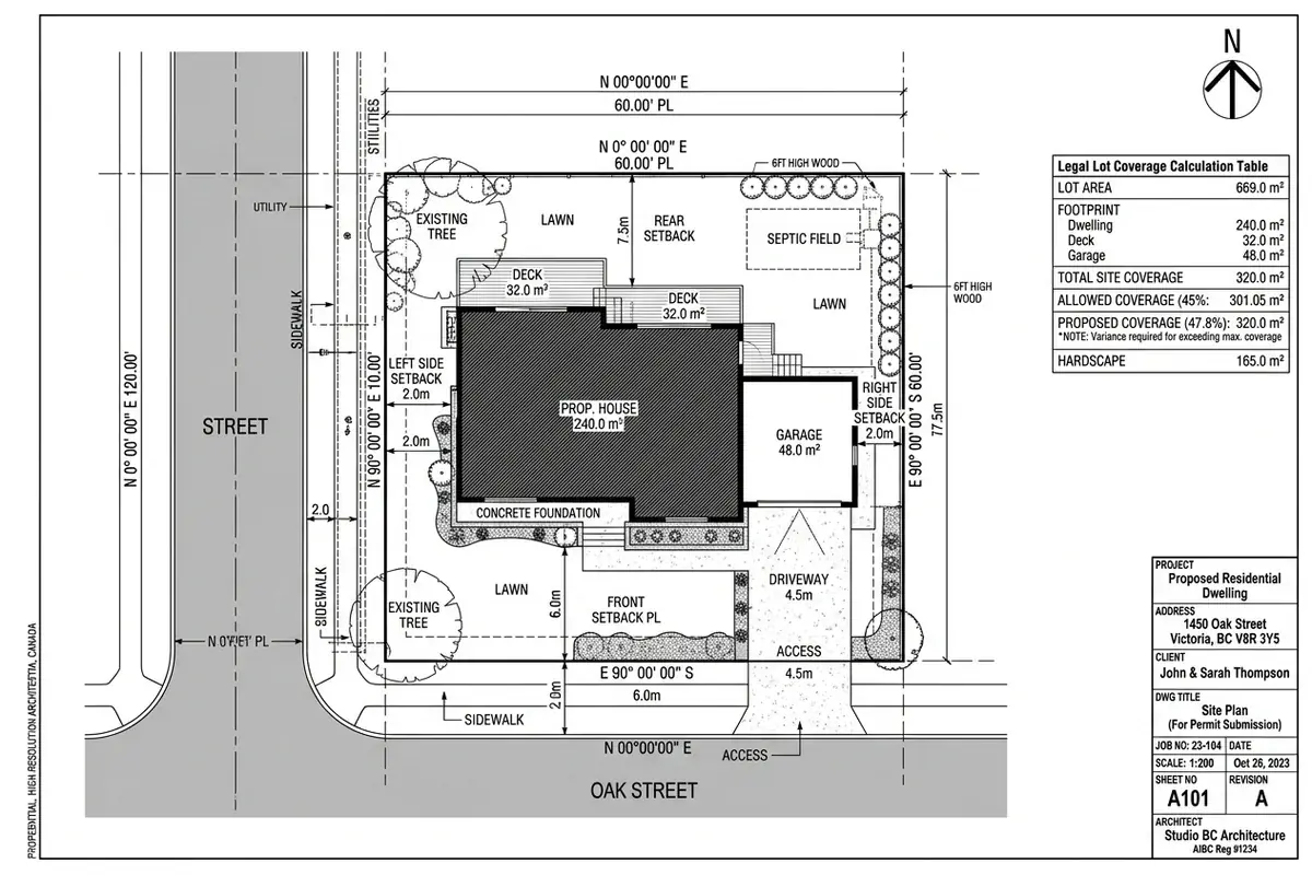 Certified permit site plan sheet for BC custom home permit