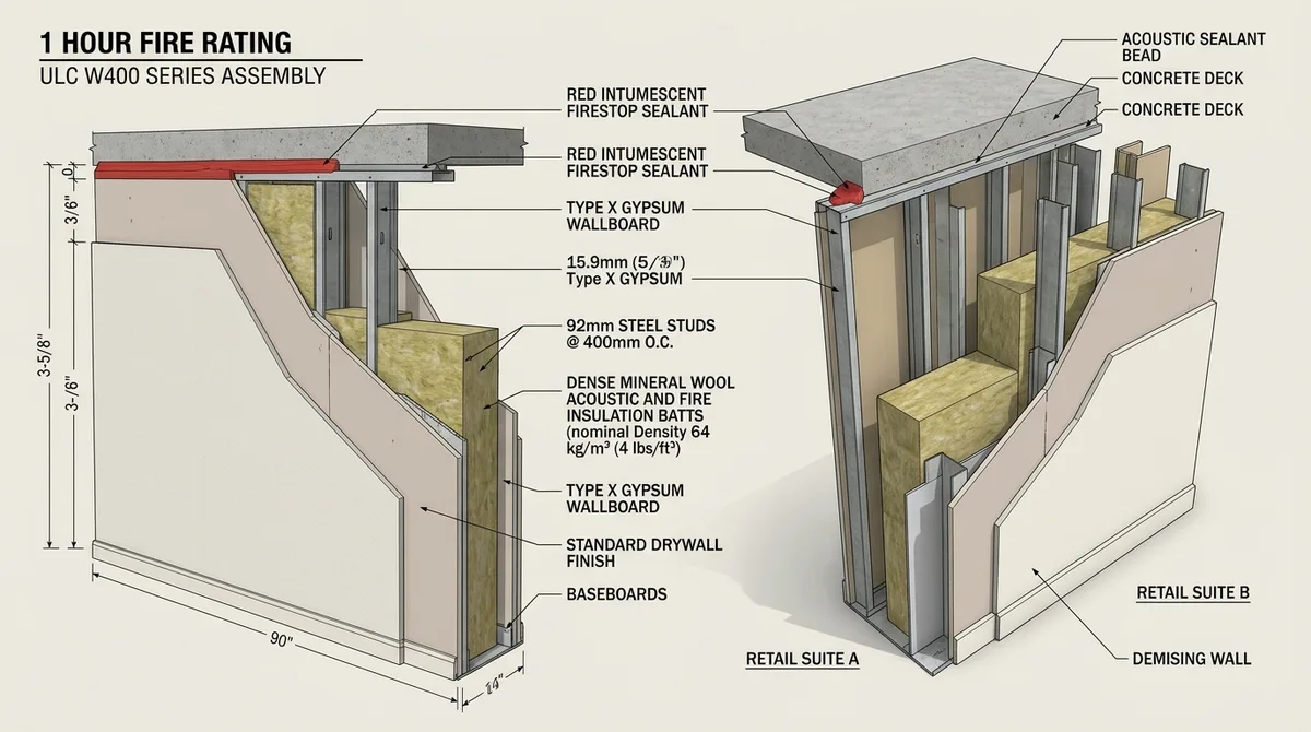1-Hour fire rated commercial demising wall assembly cross section with mineral wool and firestop sealants