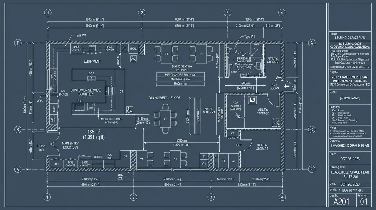 Commercial TI architectural blueprint space plan with occupancy load calculations and egress layout