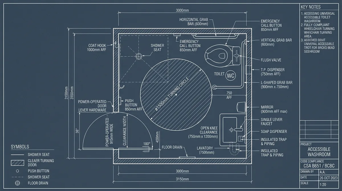 CSA B651 and BC Building Code universal accessible washroom dimensioned CAD floor plan