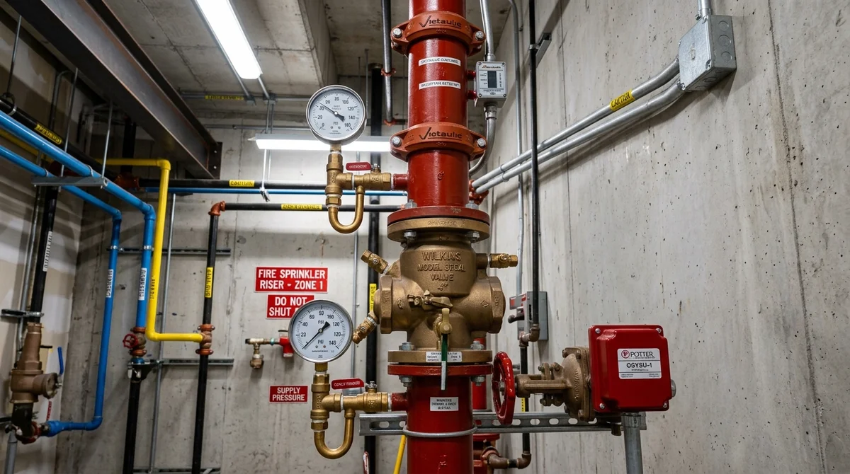 Commercial fire sprinkler riser assembly with pressure gauges and control valves