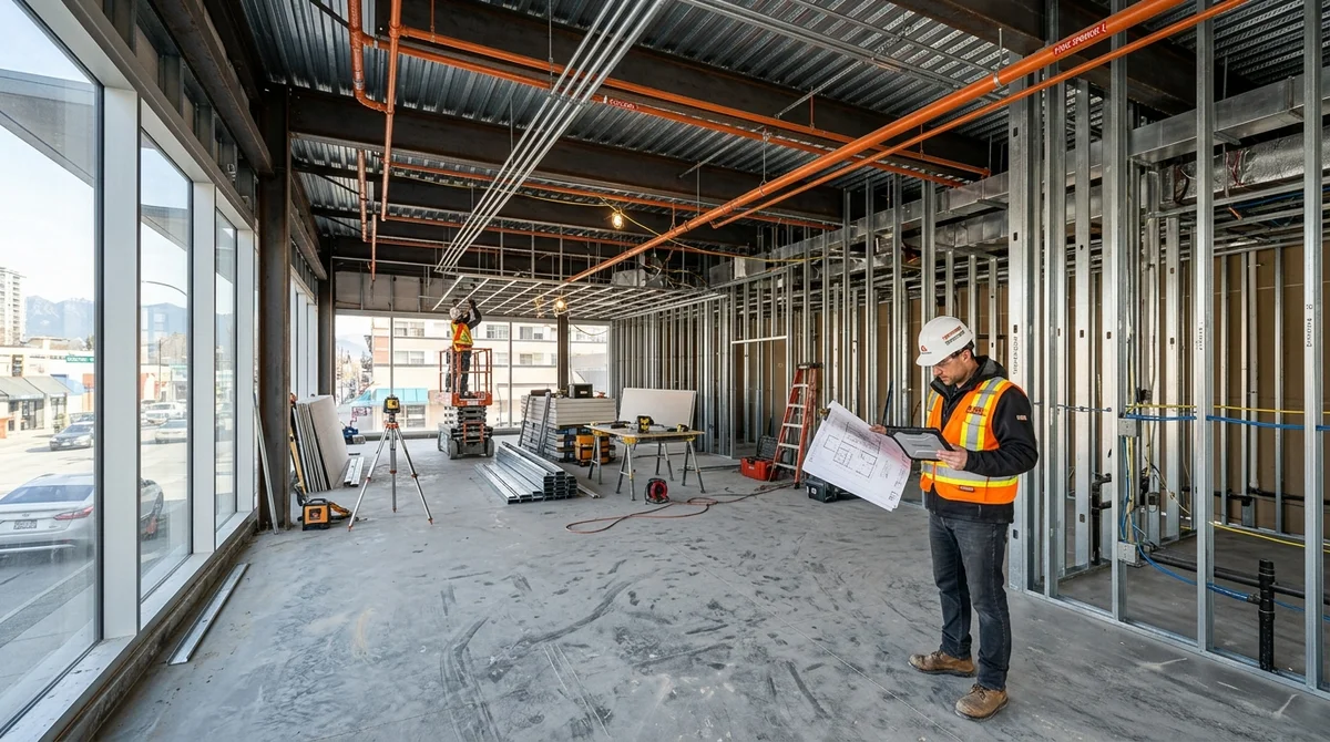 Commercial contractor reviewing blueprints in raw base building shell with steel studs