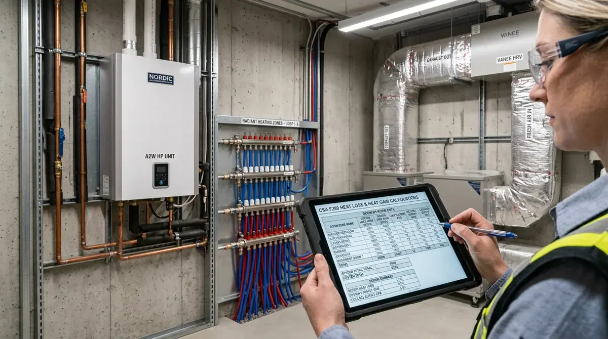 HVAC technician reviewing CSA F280 room-by-room heat loss and gain calculations in a modern mechanical room