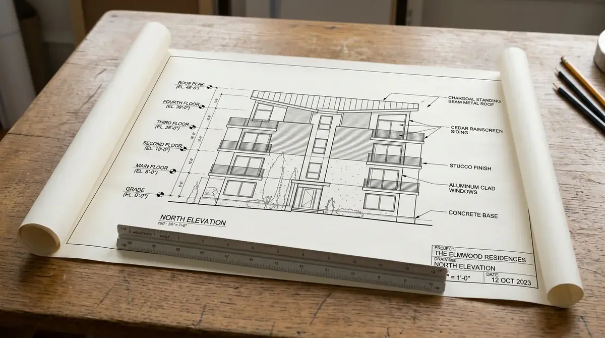 building permit drawing set featuring building elevations and floor plans for municipal permit application