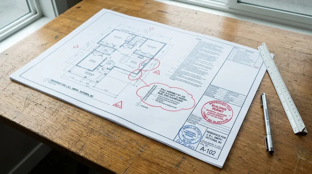 Engineer stamping construction blueprint drawing package with legal seal