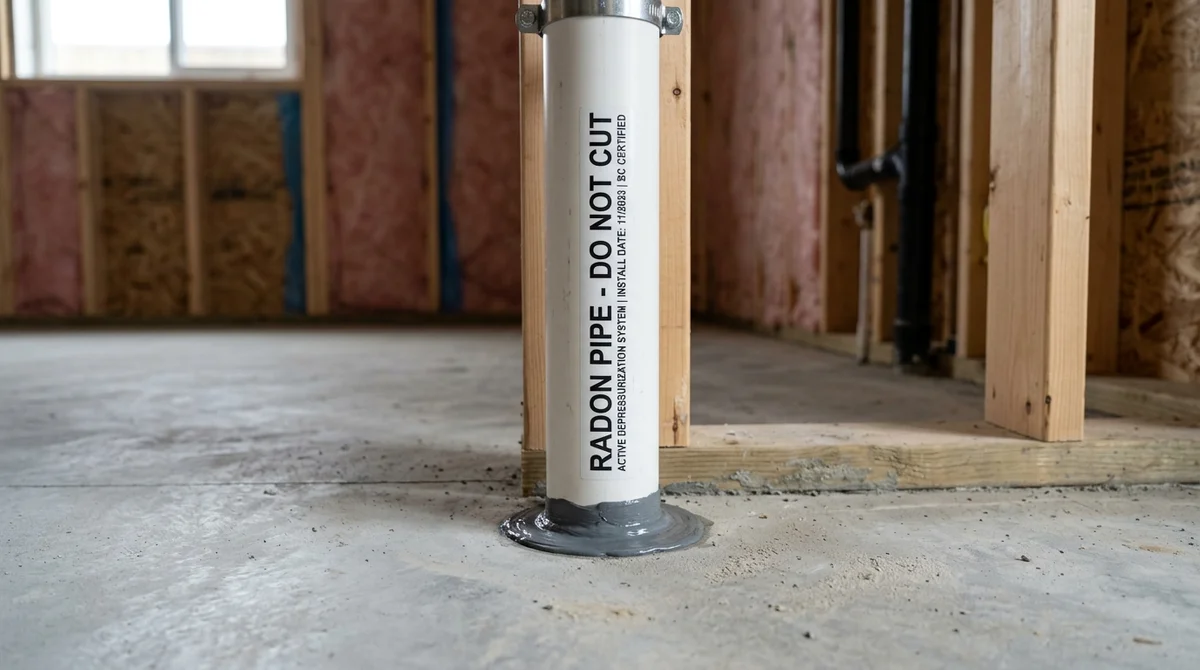 Sub-slab residential foundation with poly vapour barrier and radon mitigation vent pipe