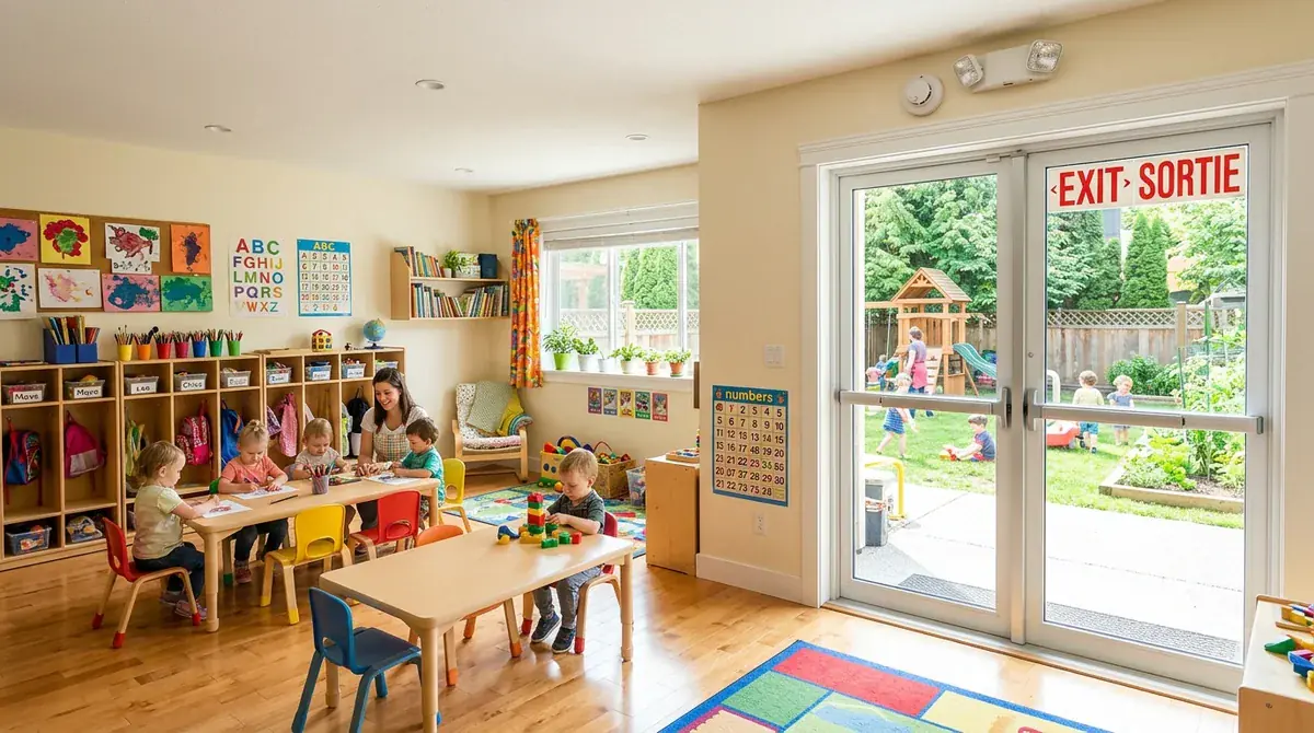 Daycare direct ground-level exit door and emergency lighting