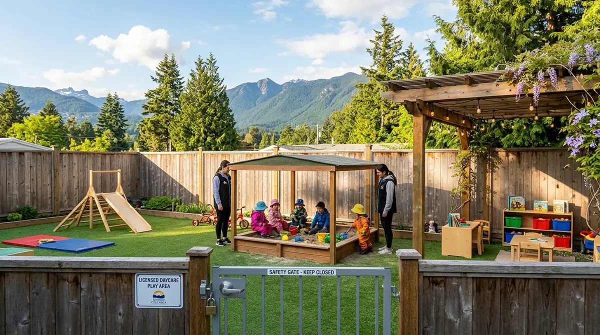 Enclosed outdoor daycare play space and perimeter fencing in BC