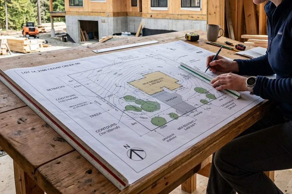 Architectural house plot plan site plan blueprint on drafting table in BC