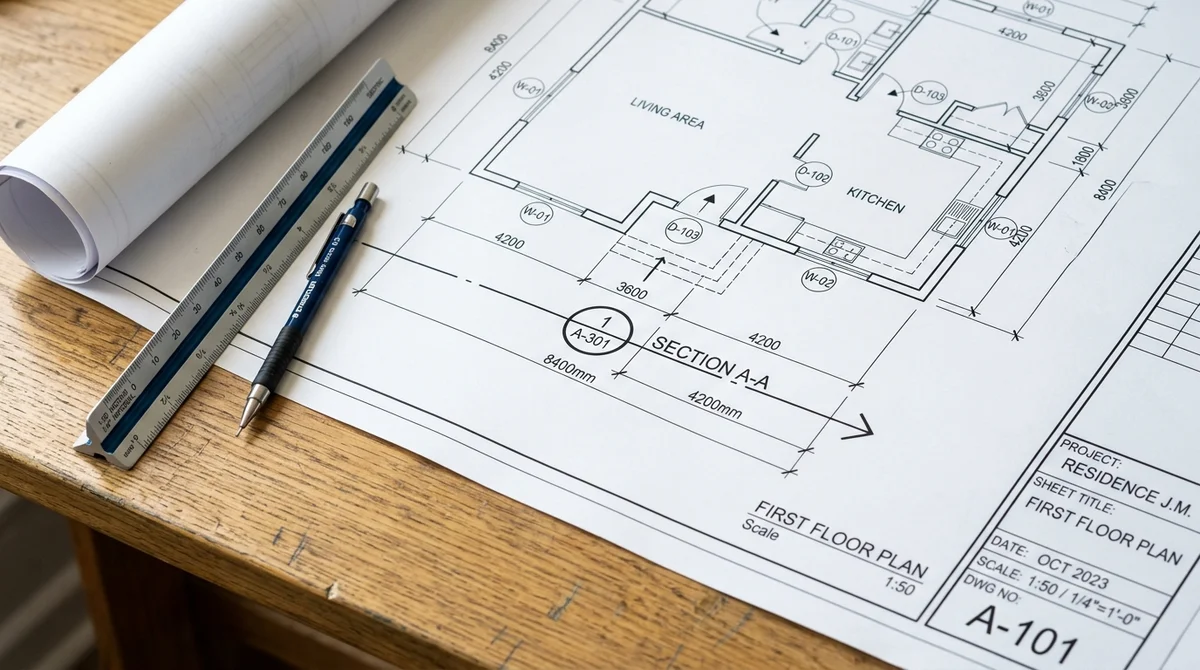 Construction blueprint showing title blocks, dimension string lines, and section cut symbols