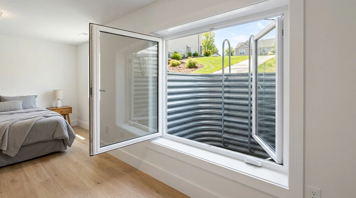Basement secondary suite bedroom egress window and galvanized steel well