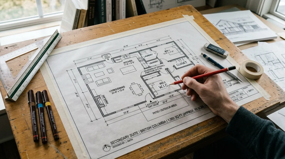 High-angle permit floor plan drawing of a 1000 sq ft secondary suite on a drafting table