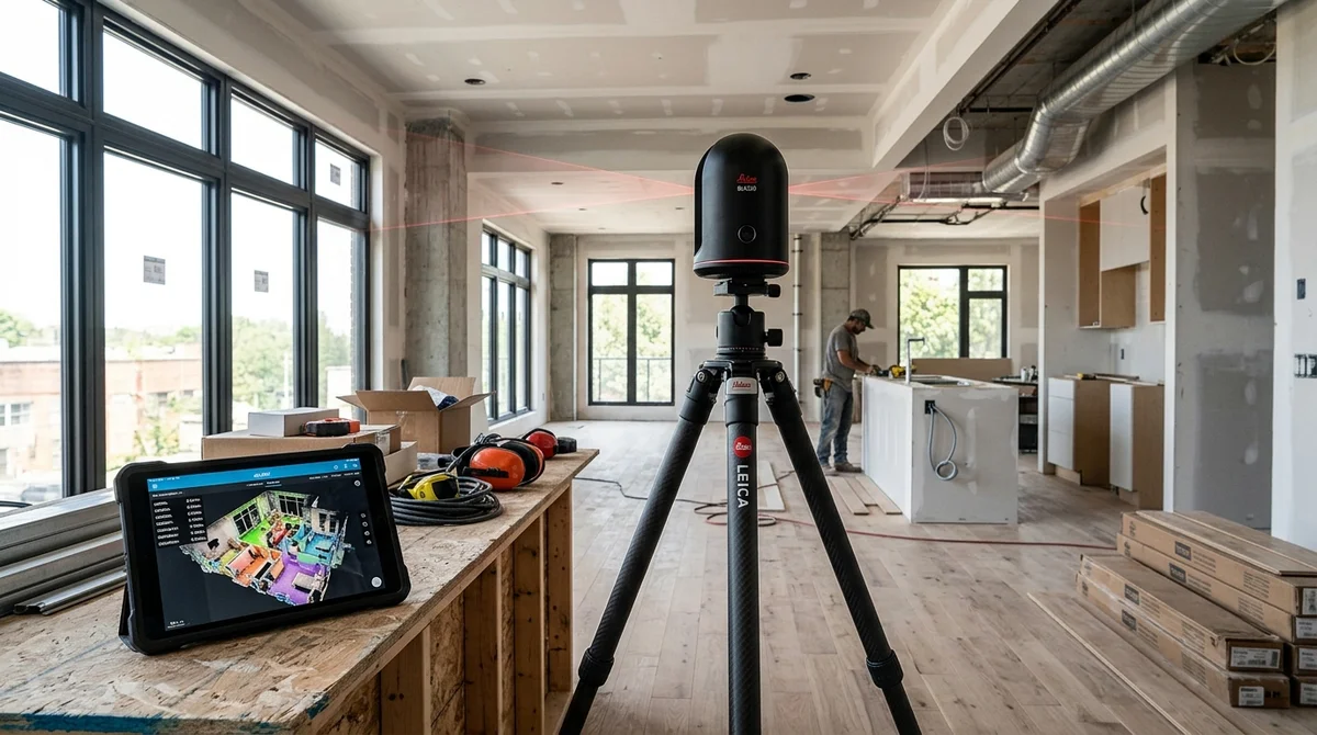 Precision 3D LiDAR laser scanner on tripod scanning residential room for as-built building permit plans