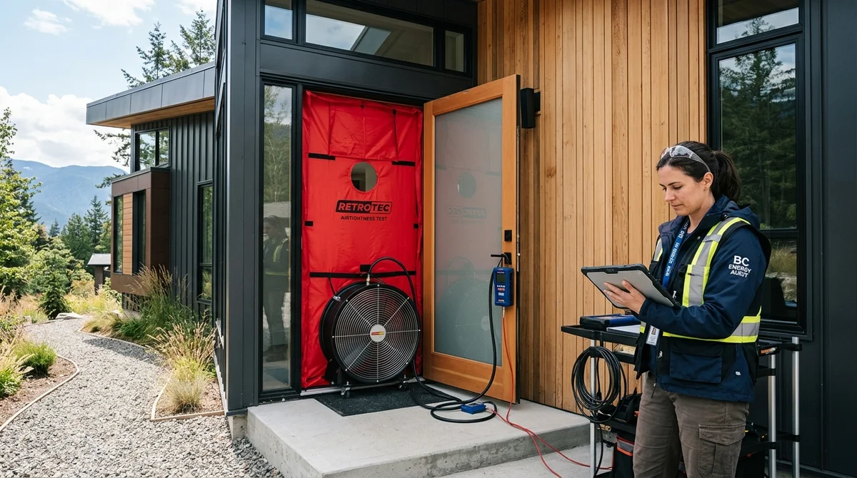 Energy advisor performing blower door airtightness test with red nylon shroud and calibrated fan