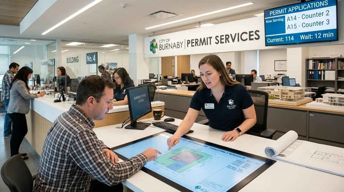 Burnaby City Hall building permit customer counter with digital plans and applicant consultation