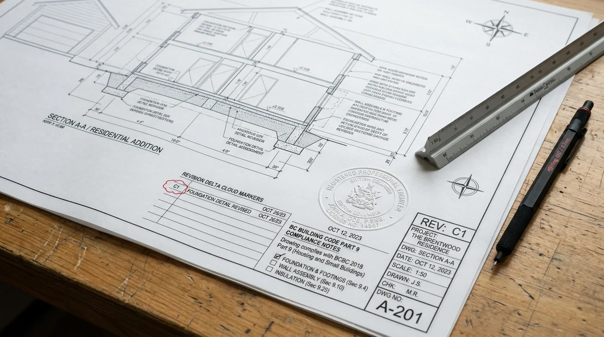 Construction drawing with red ink municipal permit approval stamp and professional engineer seal