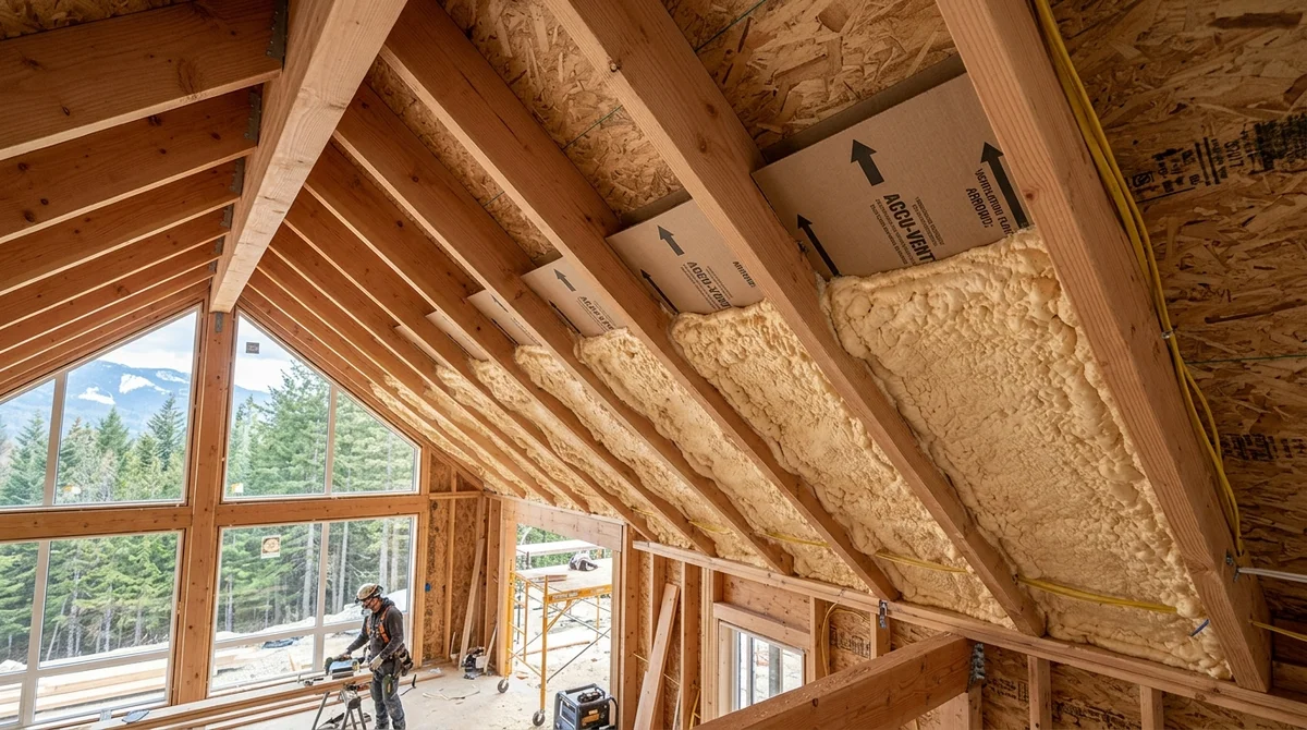 Closed-cell spray foam insulation applied to vaulted ceiling rafters with cardboard ventilation baffles