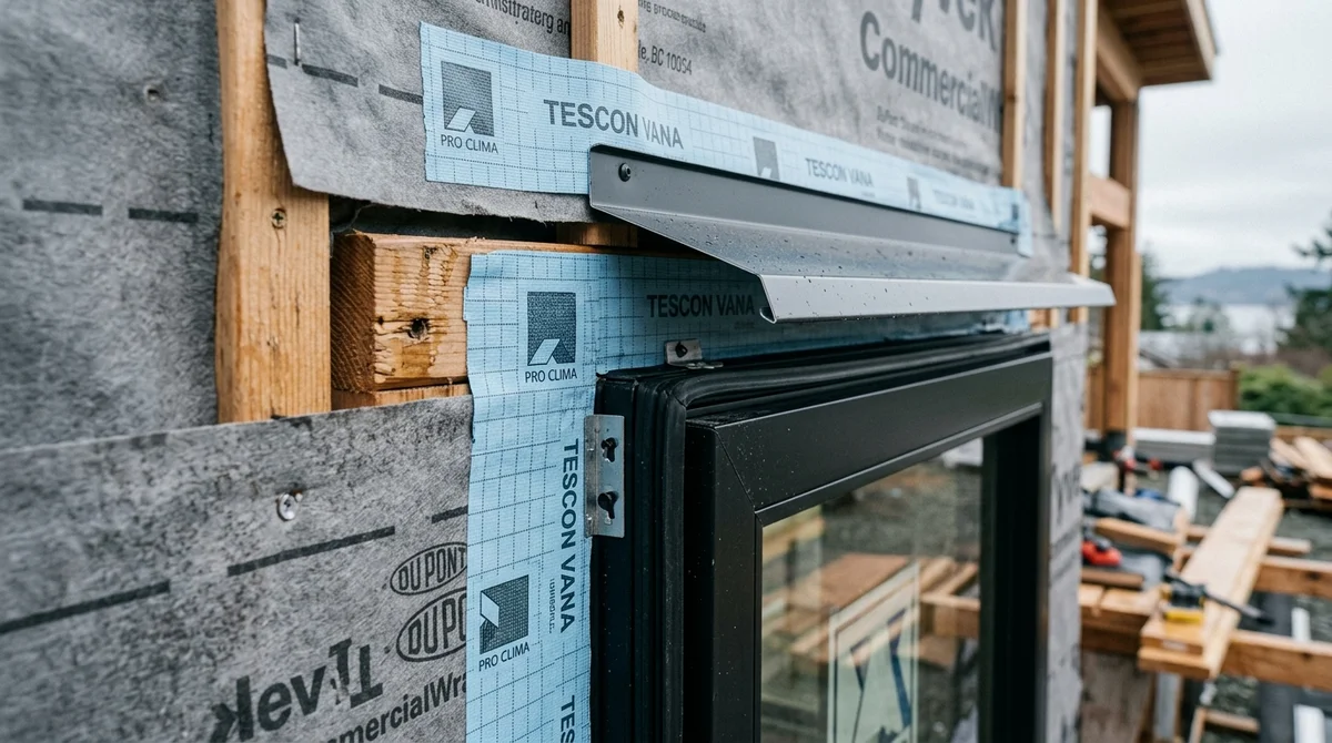 Low-expansion foam air sealing around window frame with membrane taping