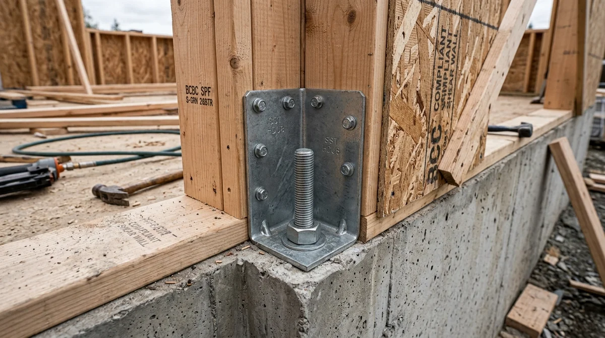 Heavy-duty seismic hold-down bracket and anchor bolt bolted to wood stud framing and concrete foundation