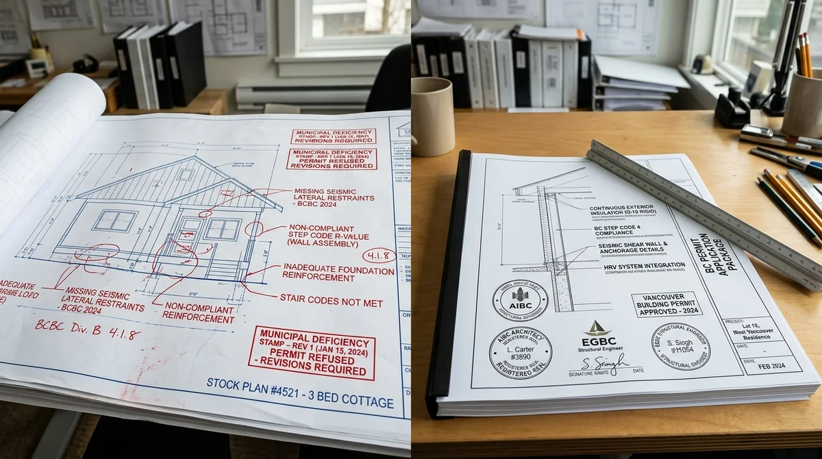 Building permit drawings redline review showing municipal permit deficiency stamps
