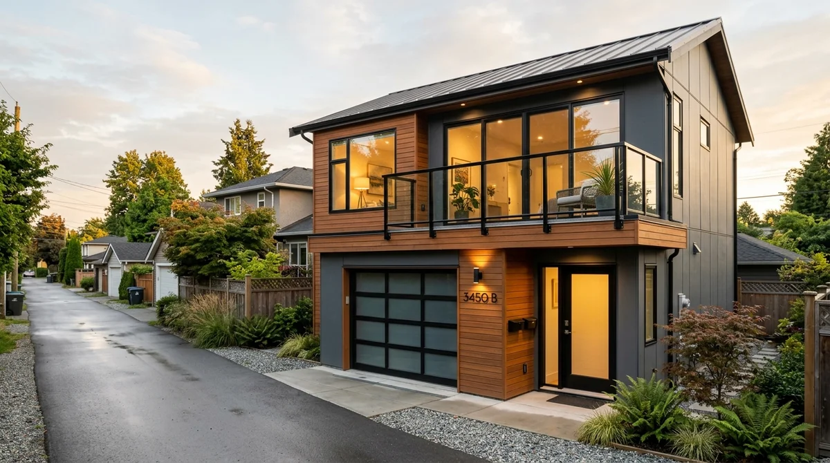 Contemporary two-storey laneway home with wood siding and modern upper balcony