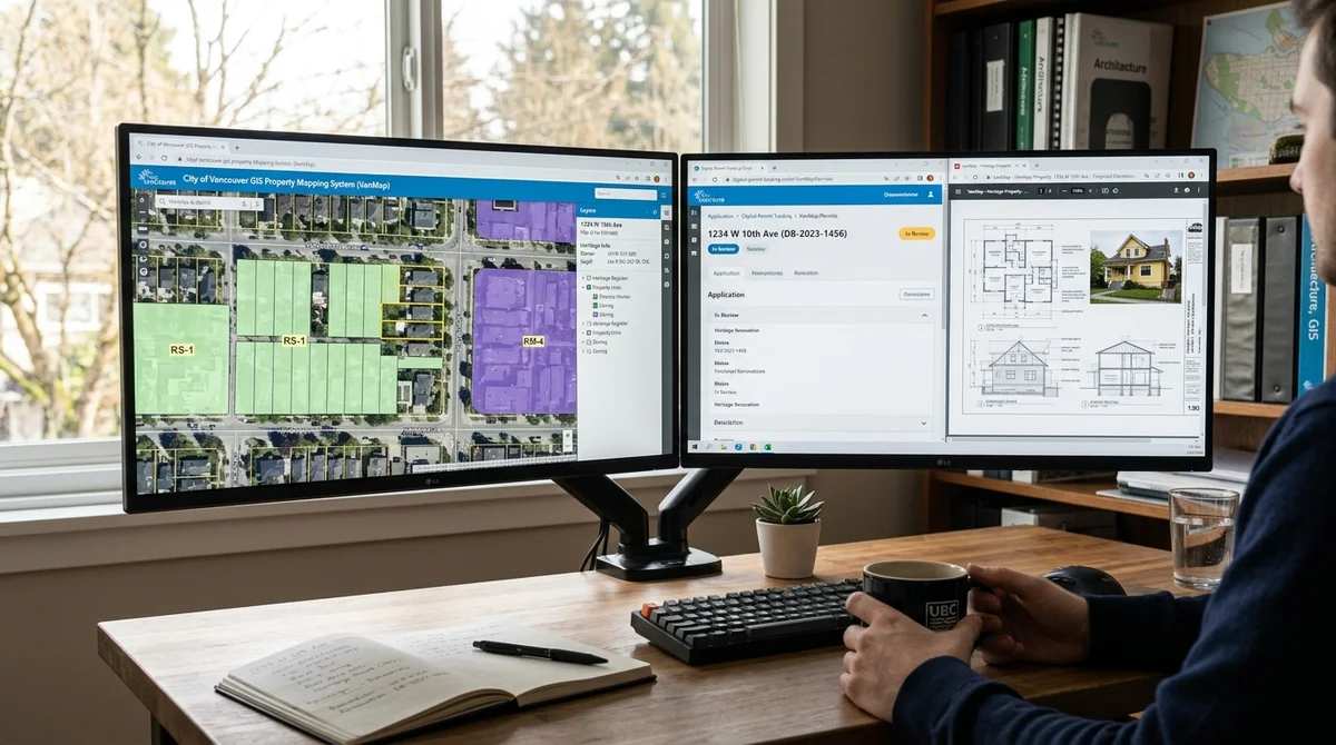 Workstation displaying Vancouver VanMap GIS property parcel boundaries and digital permit portal