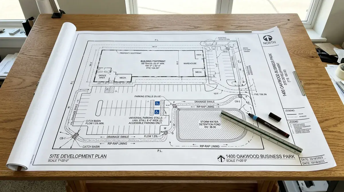 Building permit site plan drawing and digital review tools on office conference table