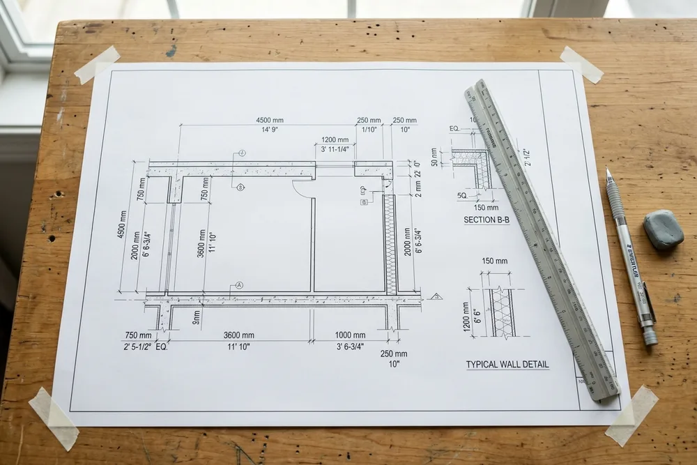 Architectural blueprint with dual metric and imperial dimensions