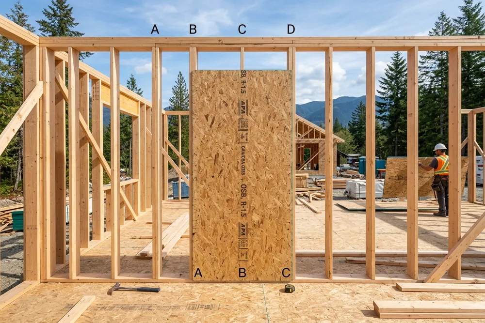 16-inch on-centre stud framing with 4x8 OSB sheathing