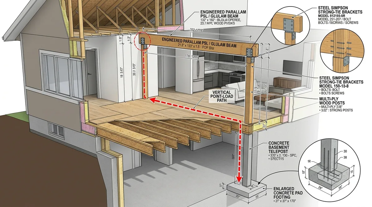 Residential load bearing wall removal structural Parallam PSL beam CAD detail and vertical load path