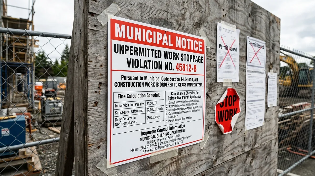Municipal unpermitted work stoppage violation notice with fine calculation schedule on jobsite hoarding