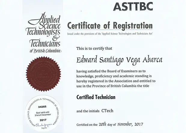 ASTTBC Registered Certificate