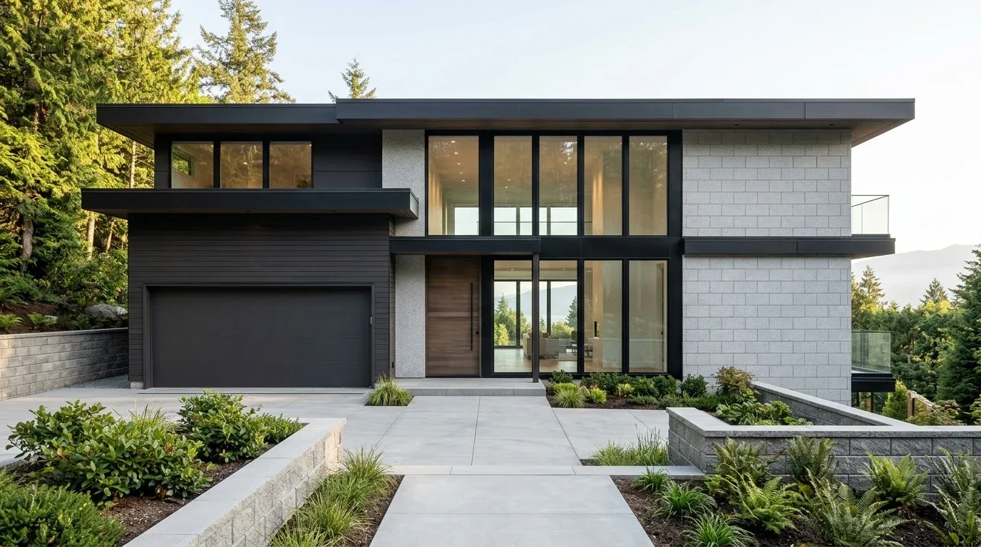 3D concept render of luxury custom home front facade in West Vancouver with two-storey glass atrium entrance and attached garage