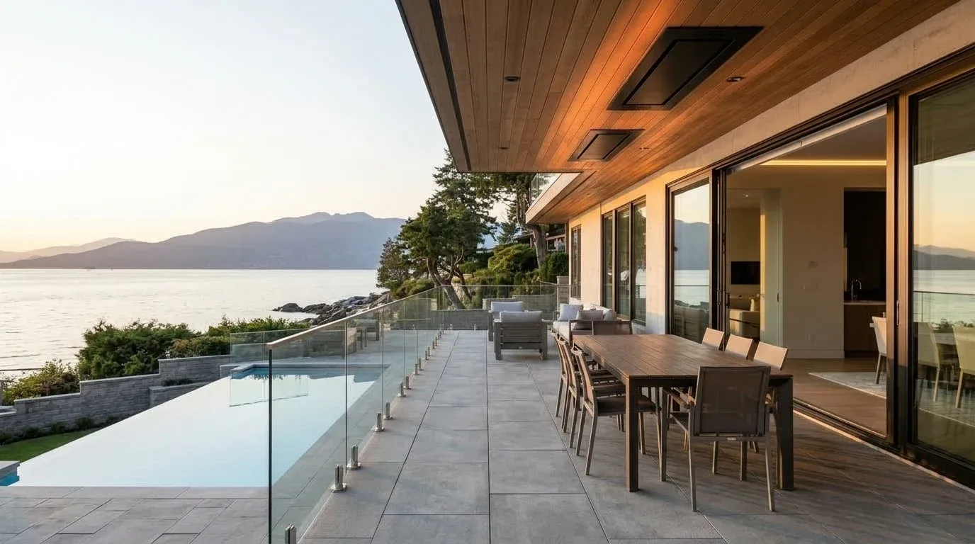 3D concept render of covered outdoor terrace with infrared heaters, cedar ceiling, glass railing, and coastal water view