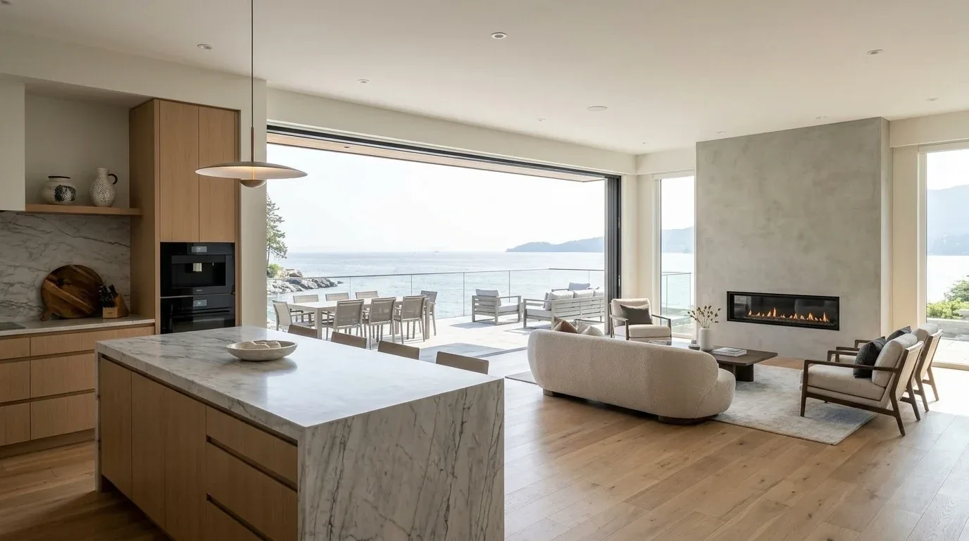 3D concept render of open-concept great room and luxury custom kitchen with marble waterfall island and sliding glass doors to terrace