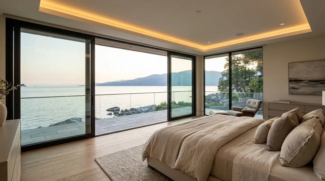 3D concept render of luxury primary bedroom suite with ceiling cove lighting and sliding glass doors to oceanfront balcony