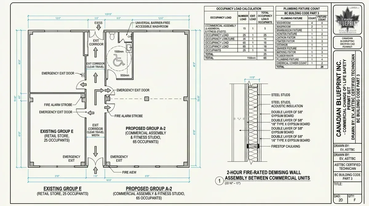 Commercial Change of Use and Occupancy Reclassification municipal architectural CAD drawing with egress exit pathways, 2-hour demising firewall detail, and occupant load table