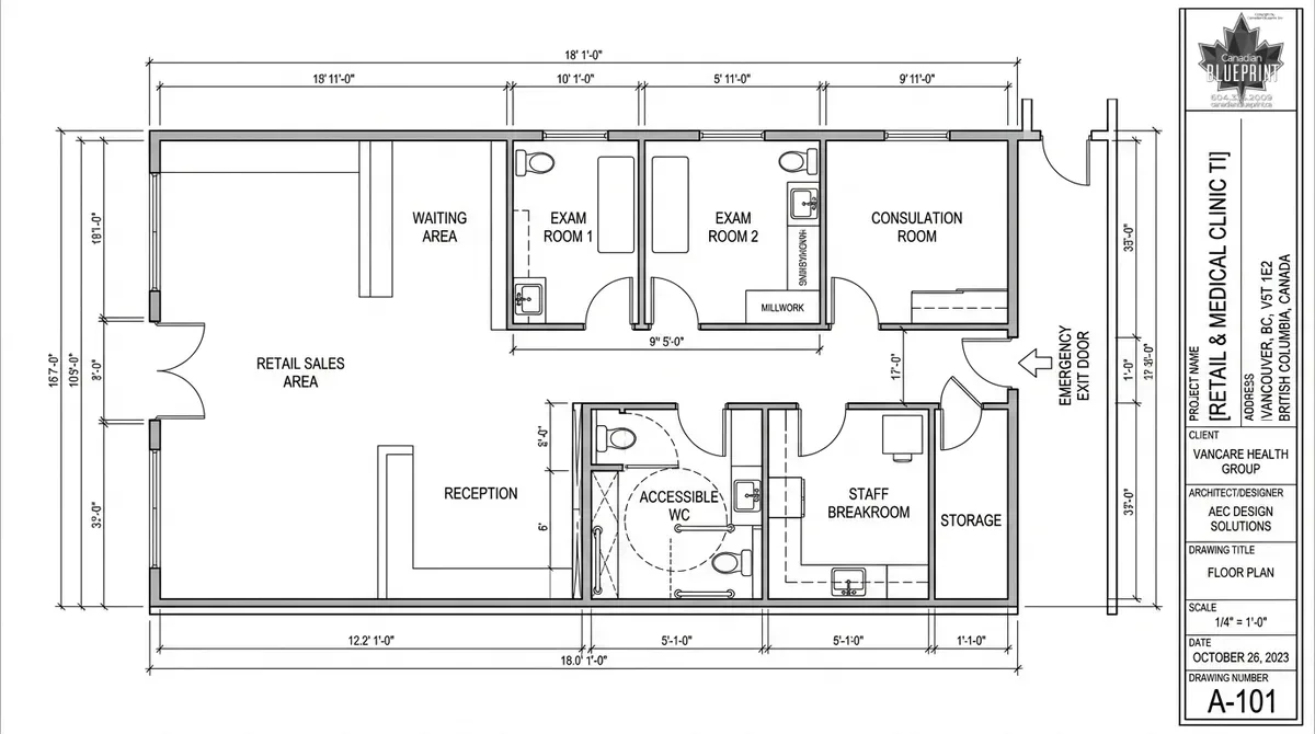 Commercial tenant improvement architectural CAD floor plan and barrier-free layout