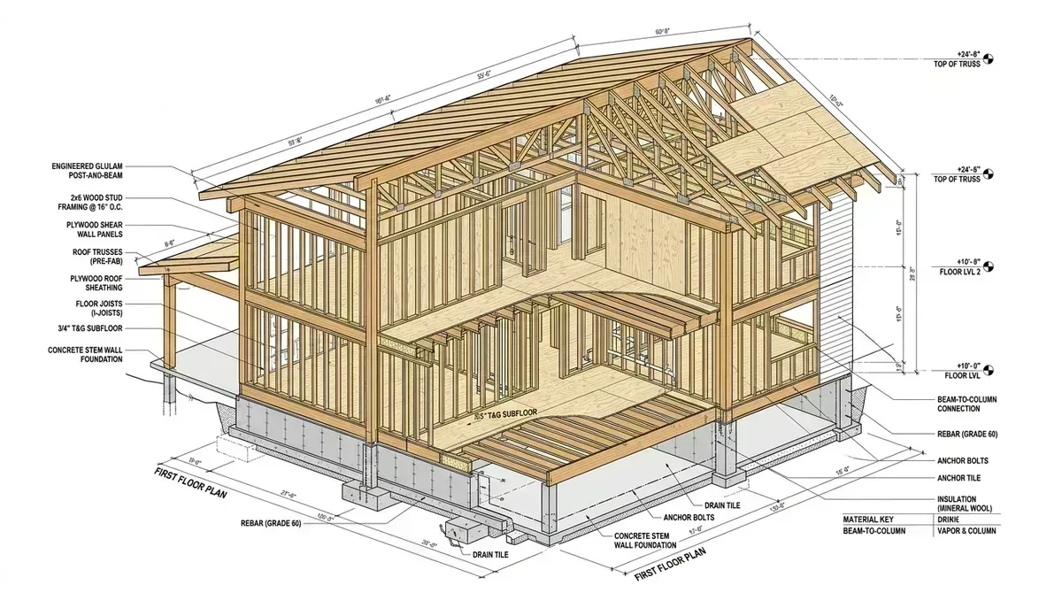 Custom home 3D architectural BIM model of timber framing and structural assemblies